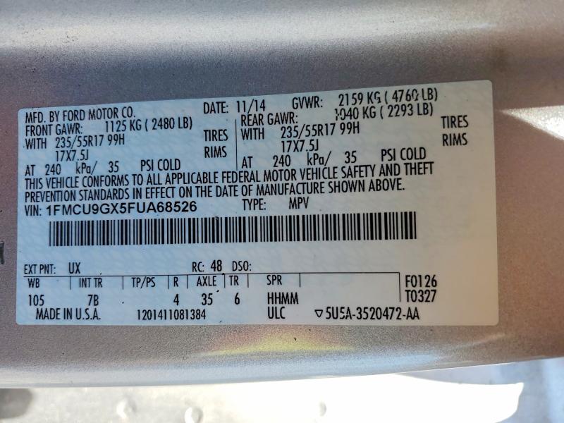 2015 Ford Escape მანქანა იყიდება აუქციონზე, vin: 1FMCU9GX5FUA68526, აუქციონის ნომერი: 53026216
