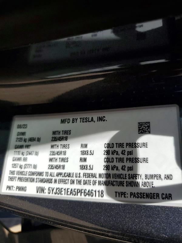54911356 :رقم المزاد ، 5YJ3E1EA5PF646118 vin ، 2023 Tesla Model 3 مزاد بيع