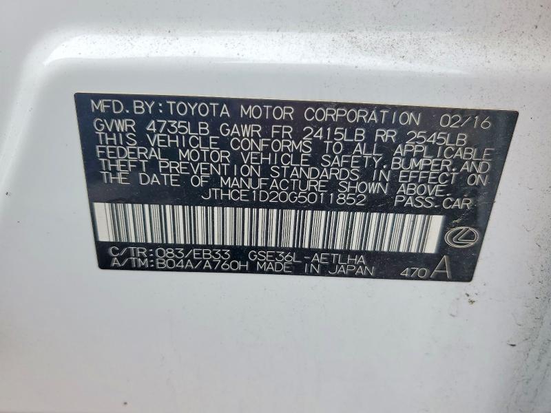 52533796 :رقم المزاد ، JTHCE1D20G5011852 vin ، 2016 Lexus Is مزاد بيع