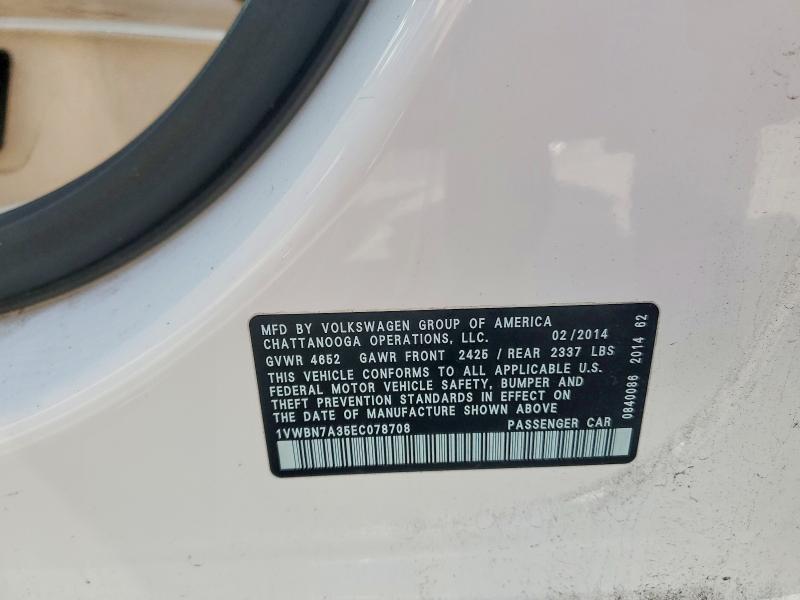 54164916 :رقم المزاد ، 1VWBN7A35EC078708 vin ، 2014 Volkswagen Passat مزاد بيع