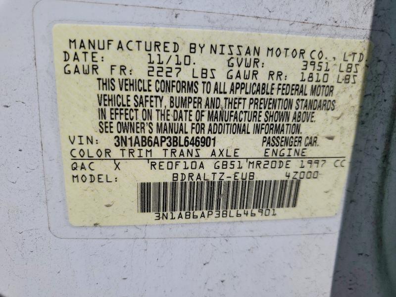 2011 Nissan Sentra მანქანა იყიდება აუქციონზე, vin: 3N1AB6AP3BL646901, აუქციონის ნომერი: 52561126