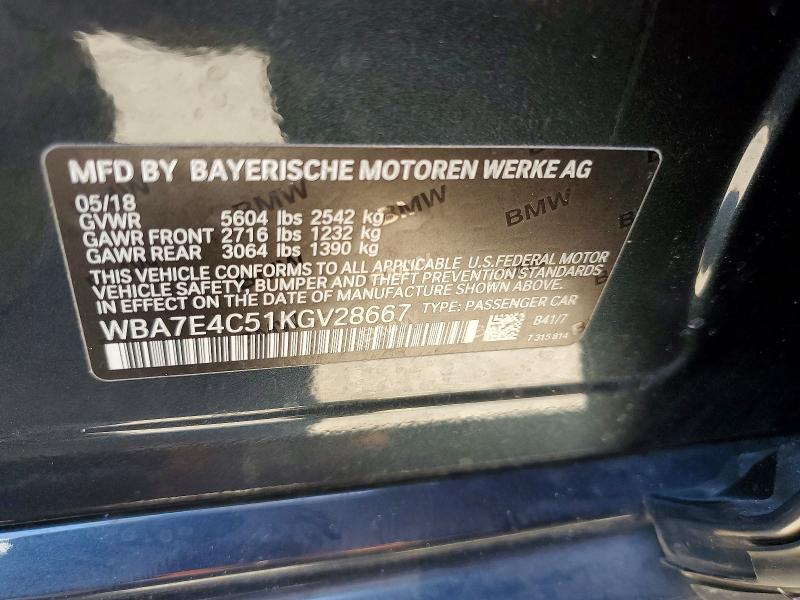 2019 Bmw 740 მანქანა იყიდება აუქციონზე, vin: WBA7E4C51KGV28667, აუქციონის ნომერი: 54635186