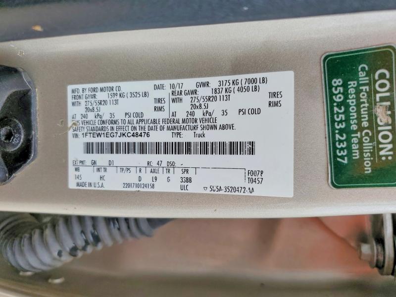 2018 Ford F150 მანქანა იყიდება აუქციონზე, vin: 1FTEW1EG7JKC48476, აუქციონის ნომერი: 52180496