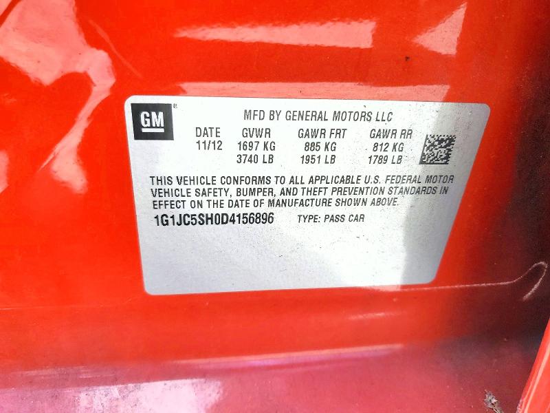 2013 Chevrolet Sonic მანქანა იყიდება აუქციონზე, vin: 1G1JC5SH0D4156896, აუქციონის ნომერი: 52959586