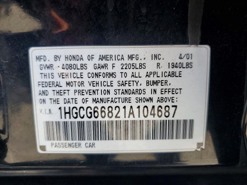 Aukcja sprzedaży 2001 Honda Accord, vin: 1HGCG66821A104687, numer aukcji: 52749676