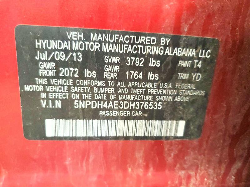 2013 Hyundai Elantra მანქანა იყიდება აუქციონზე, vin: 5NPDH4AE3DH376535, აუქციონის ნომერი: 52553506