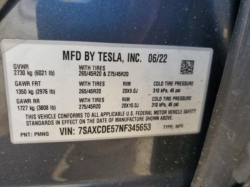 Aukcja sprzedaży 2022 Tesla Model X, vin: 7SAXCDE57NF345653, numer aukcji: 52078356