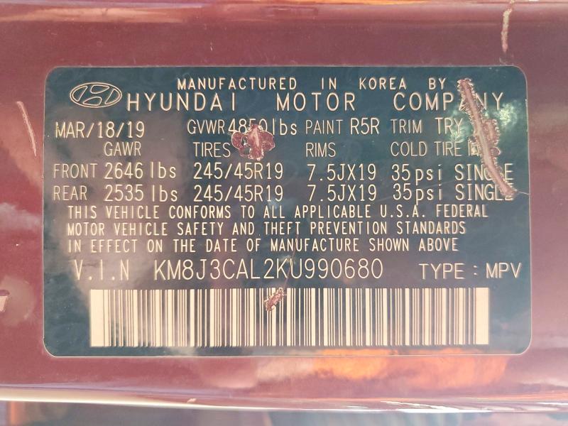 Продаж на аукціоні авто 2019 Hyundai Tucson, vin: KM8J3CAL2KU990680, номер лоту: 54343986
