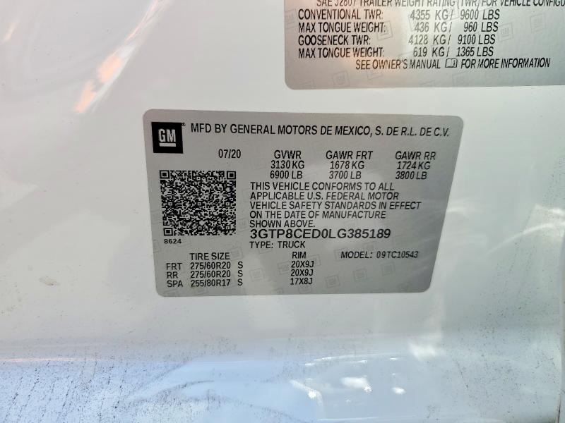 51981816 :رقم المزاد ، 3GTP8CED0LG385189 vin ، 2020 Gmc Sierra مزاد بيع
