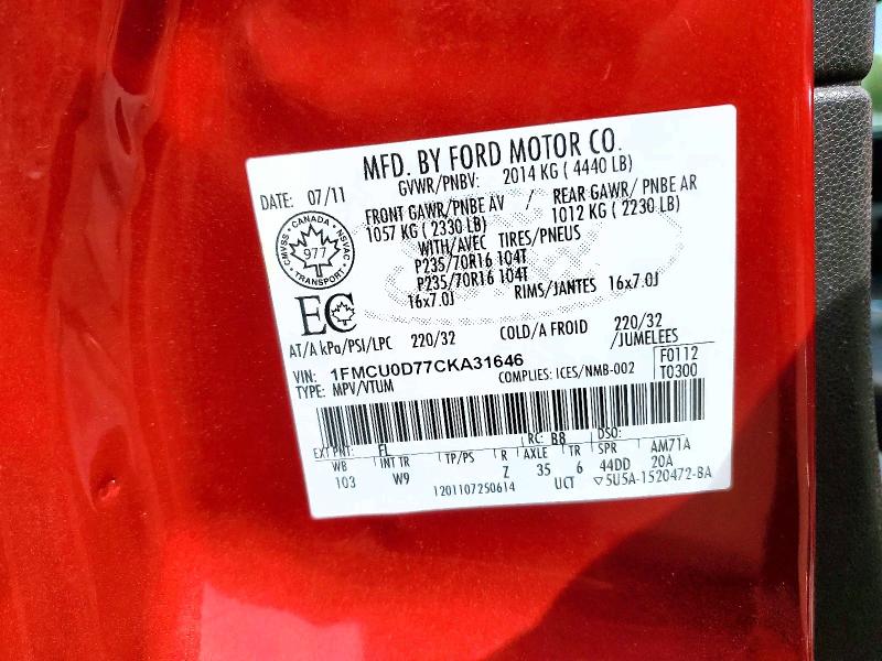 Продажа на аукционе авто 2012 Ford Escape, vin: 1FMCU0D77CKA31646, номер лота: 54592866