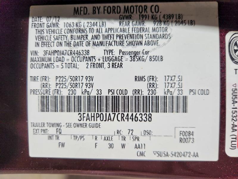 Продаж на аукціоні авто 2012 Ford Fusion, vin: 3FAHP0JA7CR446338, номер лоту: 52819876