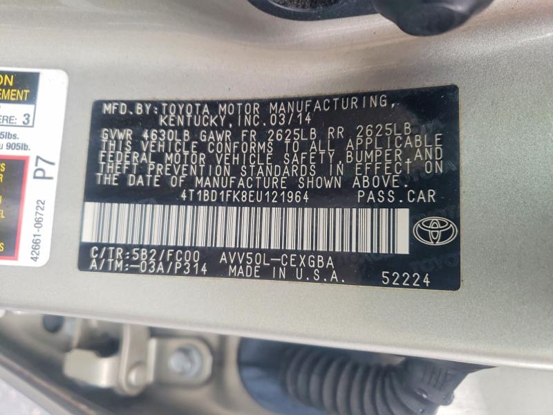 52431326 :رقم المزاد ، 4T1BD1FK8EU121964 vin ، 2014 Toyota Camry Hybrid مزاد بيع
