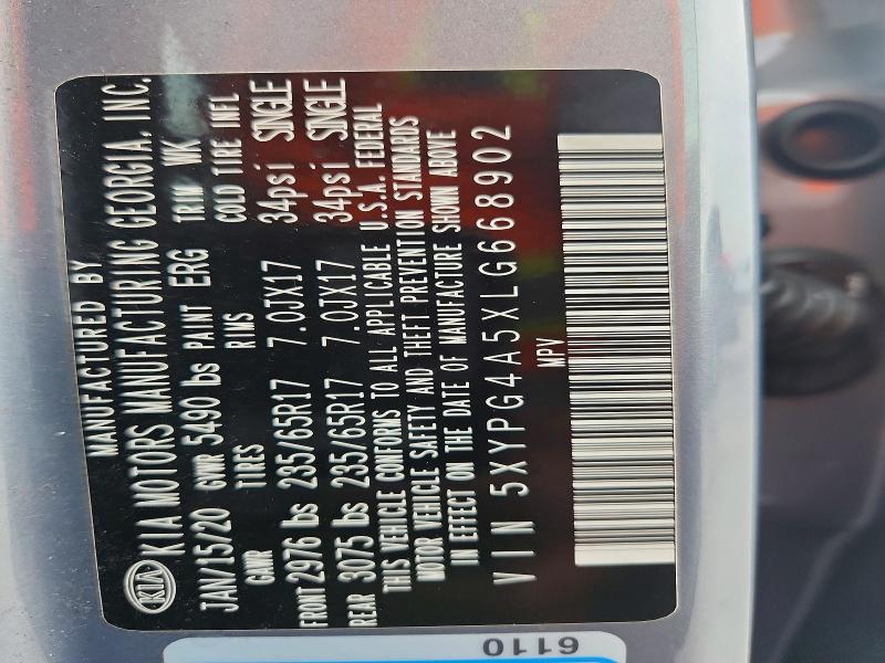 52058496 :رقم المزاد ، 5XYPG4A5XLG668902 vin ، 2020 Kia Sorento مزاد بيع