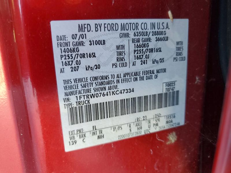 2001 Ford F150 მანქანა იყიდება აუქციონზე, vin: 1FTRW07641KC47334, აუქციონის ნომერი: 53585396