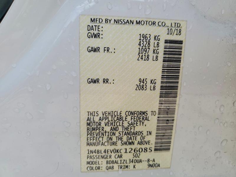 54303366 :رقم المزاد ، 1N4BL4EV0KC126085 vin ، 2019 Nissan Altima مزاد بيع