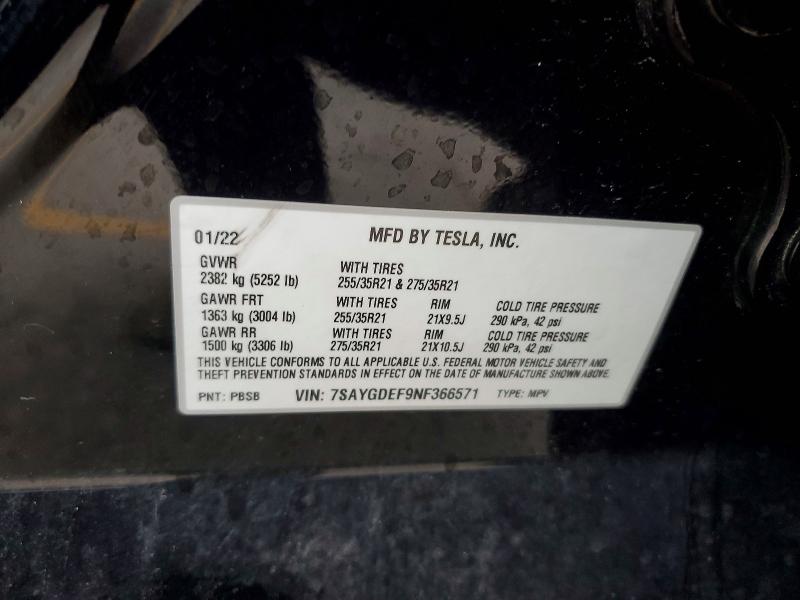 2022 Tesla Model Y მანქანა იყიდება აუქციონზე, vin: 7SAYGDEF9NF366571, აუქციონის ნომერი: 53788956