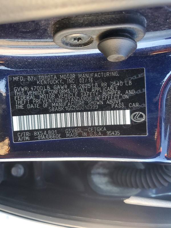 Auction sale of the 2016 Lexus Es, vin: 58ABK1GG2GU010399, lot number: 52135506