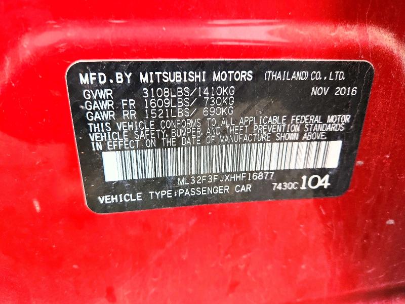 Aukcja sprzedaży 2017 Mitsubishi Mirage, vin: ML32F3FJXHHF16877, numer aukcji: 53601256