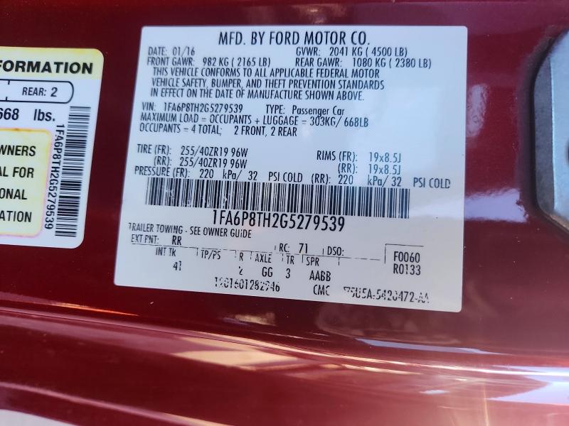 Продажа на аукционе авто 2016 Ford Mustang, vin: 1FA6P8TH2G5279539, номер лота: 52001756