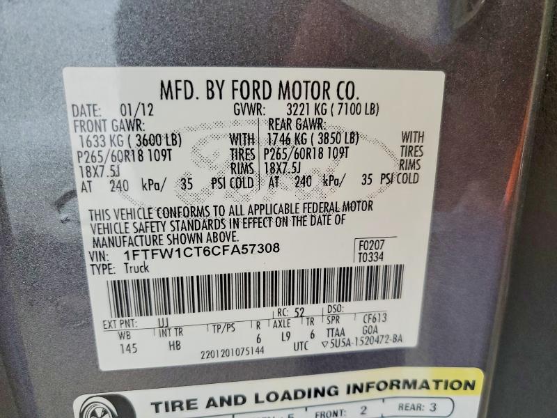 Aukcja sprzedaży 2012 Ford F150, vin: 1FTFW1CT6CFA57308, numer aukcji: 54229066