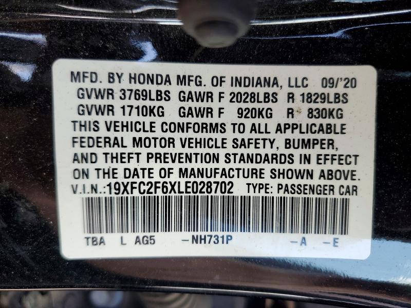 Aukcja sprzedaży 2020 Honda Civic, vin: 19XFC2F6XLE028702, numer aukcji: 52239256