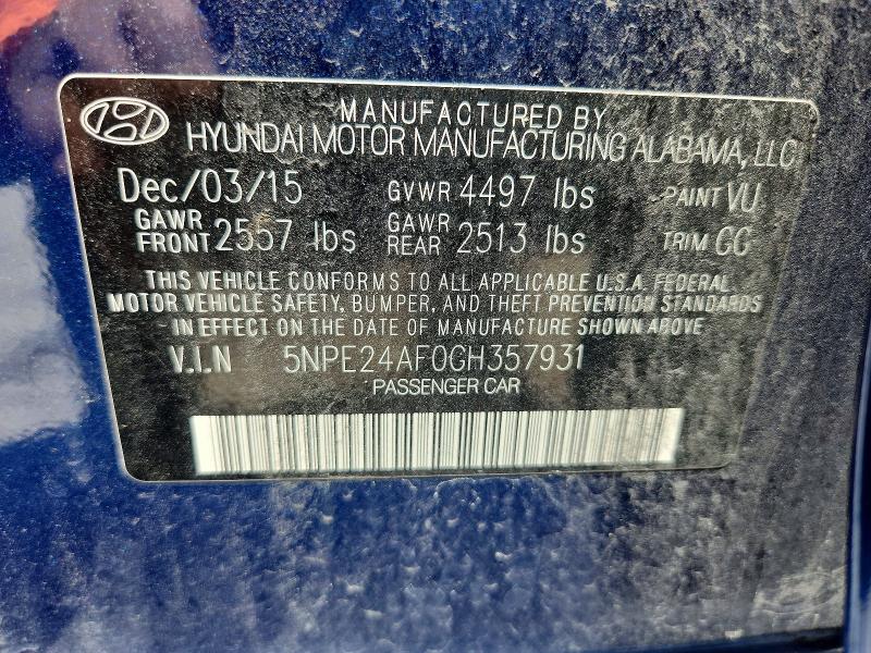 53132006 :رقم المزاد ، 5NPE24AF0GH357931 vin ، 2016 Hyundai Sonata مزاد بيع