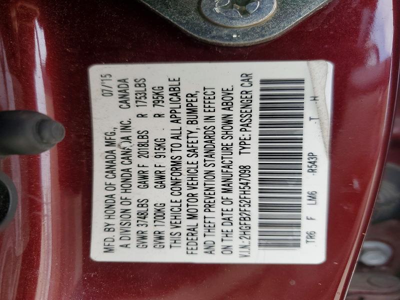 Продажа на аукционе авто 2015 Honda Civic, vin: 2HGFB2F52FH547098, номер лота: 54487296