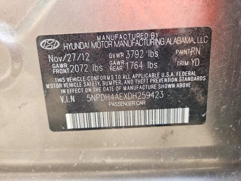 54313966 :رقم المزاد ، 5NPDH4AEXDH259423 vin ، 2013 Hyundai Elantra مزاد بيع