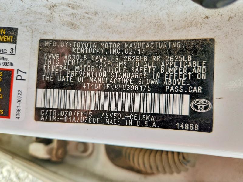 Aukcja sprzedaży 2017 Toyota Camry, vin: 4T1BF1FK8HU398175, numer aukcji: 53616836