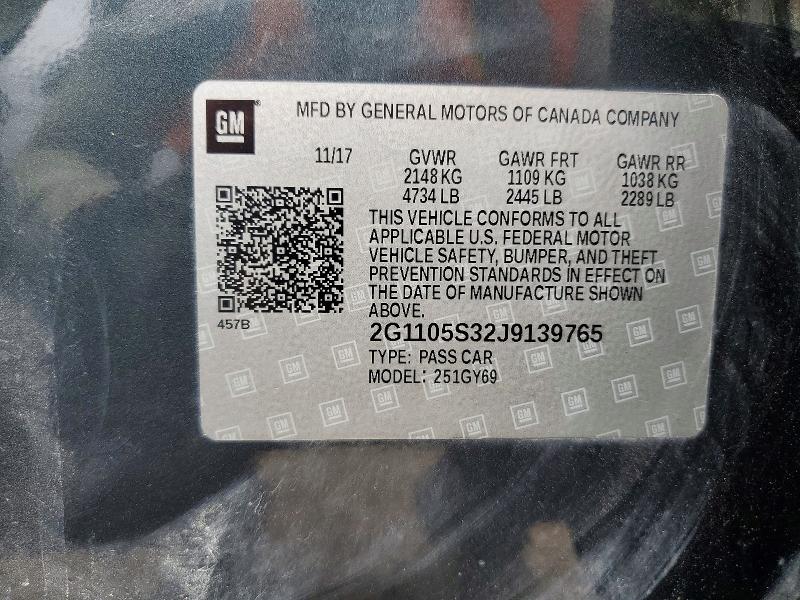 54338326 :رقم المزاد ، 2G1105S32J9139765 vin ، 2018 Chevrolet Impala مزاد بيع