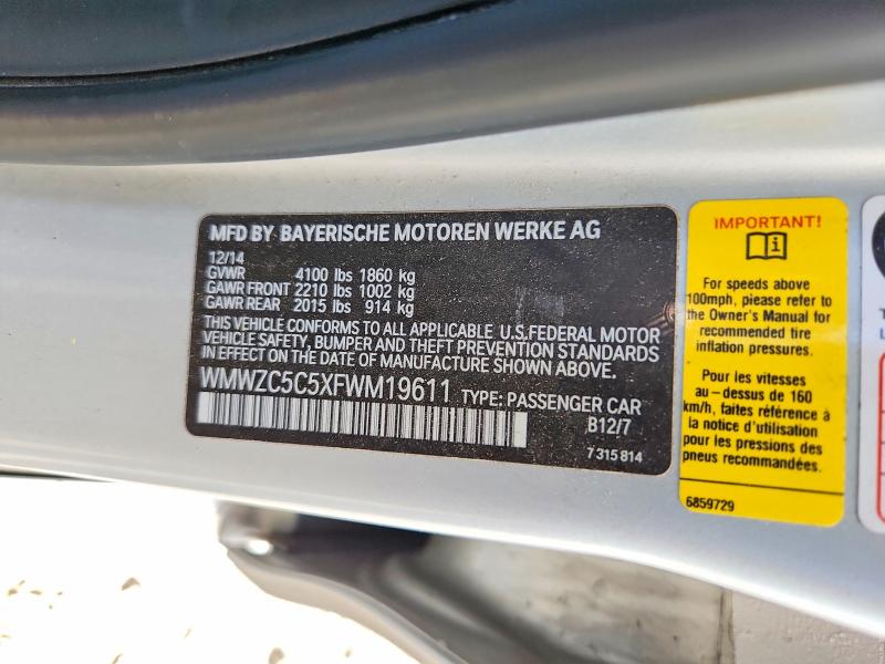 2015 Mini Cooper მანქანა იყიდება აუქციონზე, vin: WMWZC5C5XFWM19611, აუქციონის ნომერი: 53604776