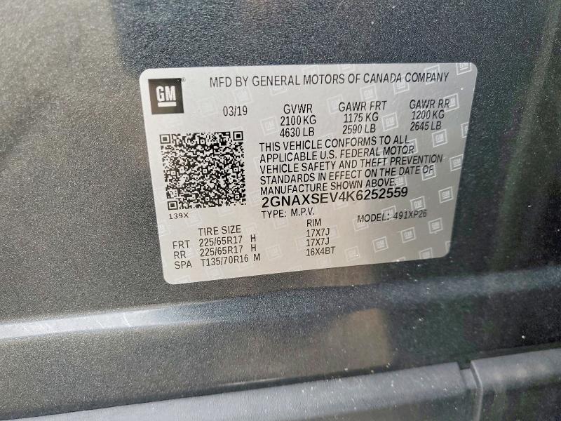 52216636 :رقم المزاد ، 2GNAXSEV4K6252559 vin ، 2019 Chevrolet Equinox مزاد بيع