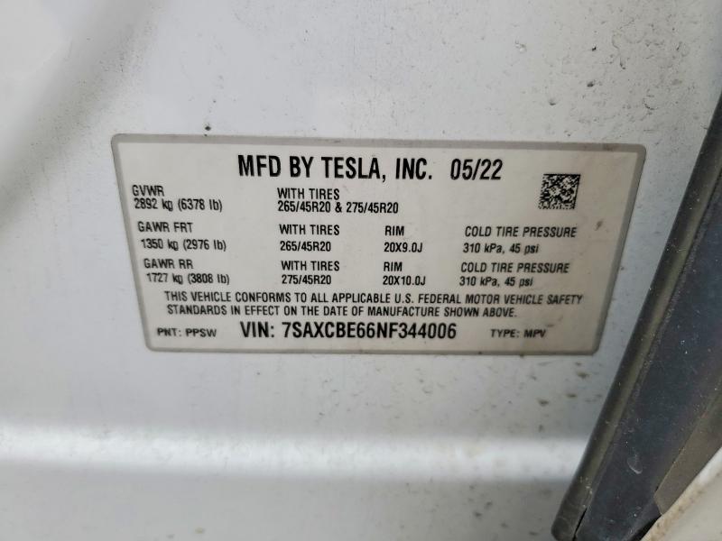 52537606 :رقم المزاد ، 7SAXCBE66NF344006 vin ، 2022 Tesla Model X مزاد بيع