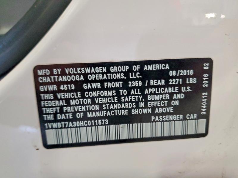 Продаж на аукціоні авто 2017 Volkswagen Passat, vin: 1VWBT7A30HC011573, номер лоту: 54527146