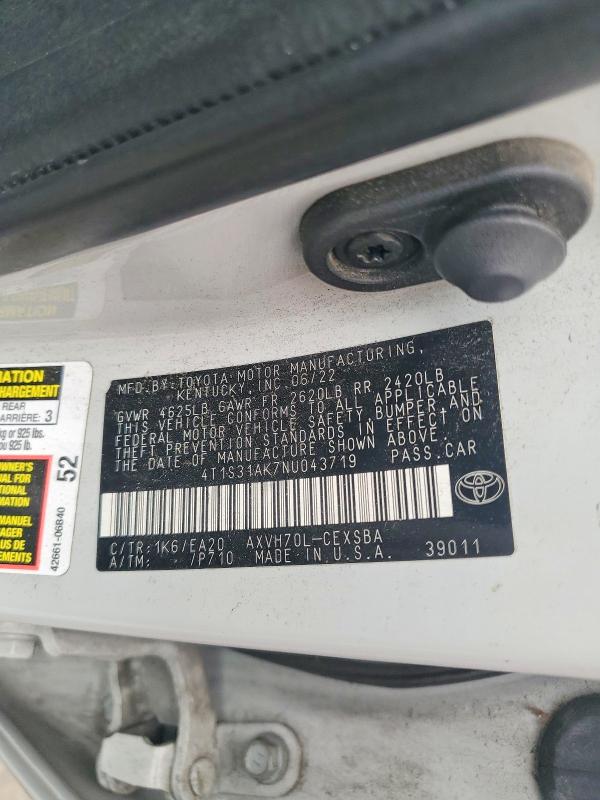 53381106 :رقم المزاد ، 4T1S31AK7NU043719 vin ، 2022 Toyota Camry Hybrid مزاد بيع