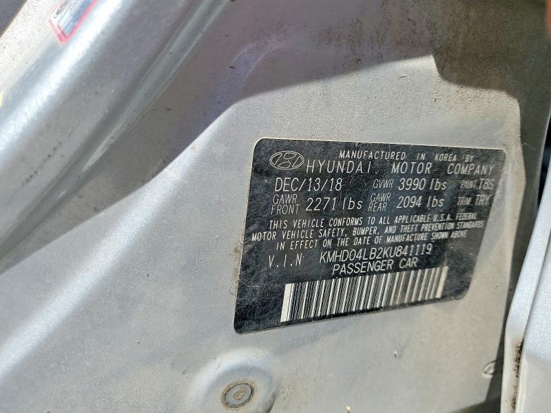 Продаж на аукціоні авто 2019 Hyundai Elantra, vin: KMHD04LB2KU841119, номер лоту: 52992866