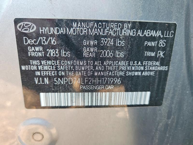 53966036 :رقم المزاد ، 5NPD74LF2HH171996 vin ، 2017 Hyundai Elantra مزاد بيع