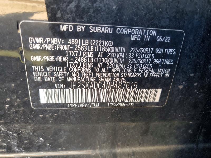 Aukcja sprzedaży 2022 Subaru Forester, vin: JF2SKADC4NH487615, numer aukcji: 55328146