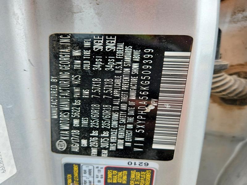 52042316 :رقم المزاد ، 5XYPHDA56KG509399 vin ، 2019 Kia Sorento مزاد بيع