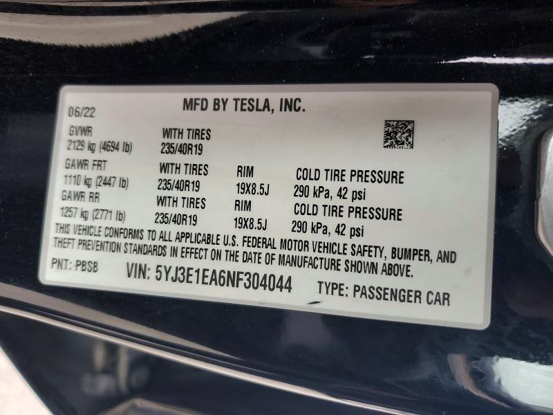 2022 Tesla Model 3 მანქანა იყიდება აუქციონზე, vin: 5YJ3E1EA6NF304044, აუქციონის ნომერი: 55554876