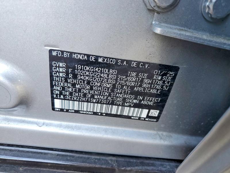 2025 Honda Hr-v მანქანა იყიდება აუქციონზე, vin: 3CZRZ2H71SM773077, აუქციონის ნომერი: 54687006