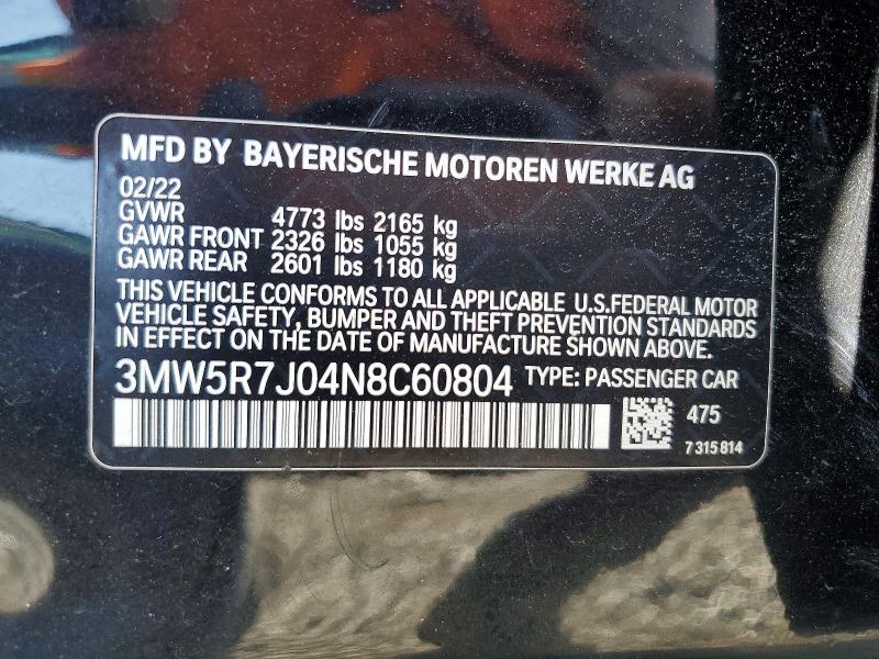 2022 Bmw 330xi მანქანა იყიდება აუქციონზე, vin: 3MW5R7J04N8C60804, აუქციონის ნომერი: 52070216