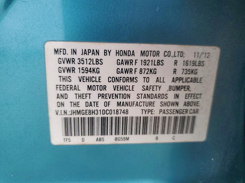 2013 Honda Fit მანქანა იყიდება აუქციონზე, vin: JHMGE8H31DC018748, აუქციონის ნომერი: 54160026