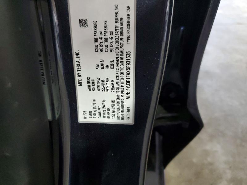 Aukcja sprzedaży 2025 Tesla Model 3, vin: 5YJ3E1EAXSF931535, numer aukcji: 53406256