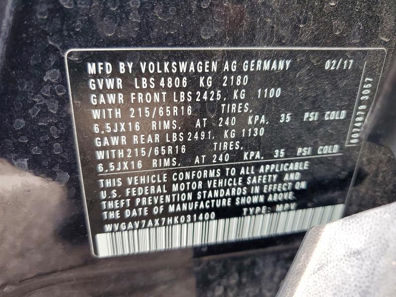 2017 Volkswagen Tiguan მანქანა იყიდება აუქციონზე, vin: WVGAV7AX7HK031400, აუქციონის ნომერი: 52502126
