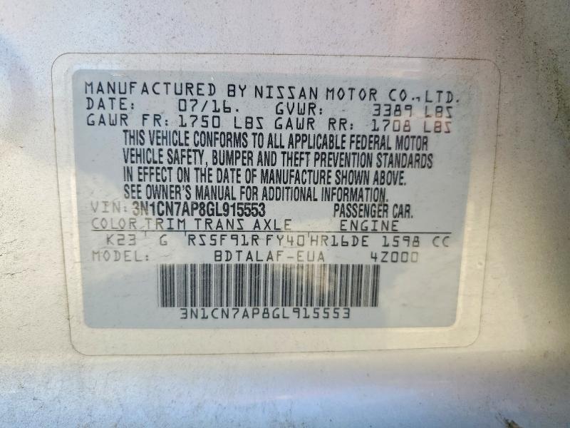 52996556 :رقم المزاد ، 3N1CN7AP8GL915553 vin ، 2016 Nissan Versa مزاد بيع