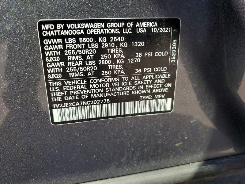 Продажа на аукционе авто 2022 Volkswagen Atlas Cross Sport, vin: 1V2JE2CA7NC202778, номер лота: 53892556