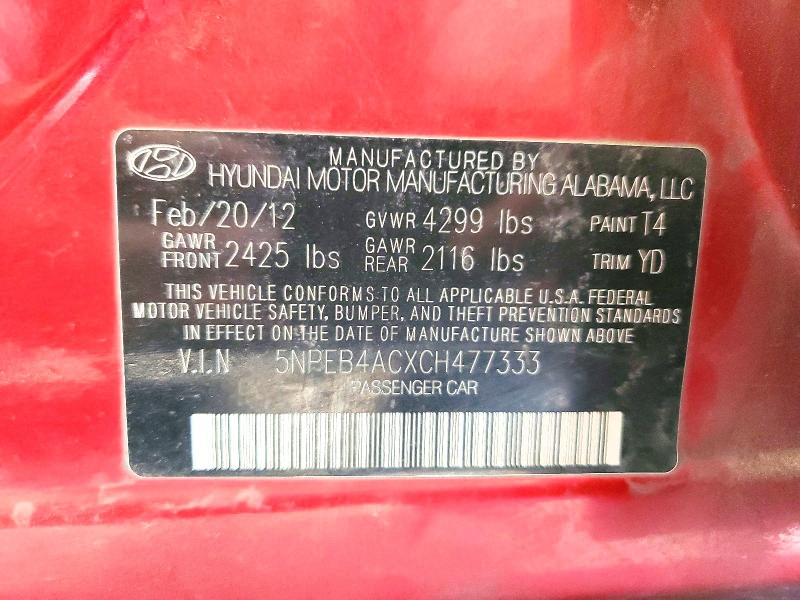 2012 Hyundai Sonata მანქანა იყიდება აუქციონზე, vin: 5NPEB4ACXCH477333, აუქციონის ნომერი: 55037976