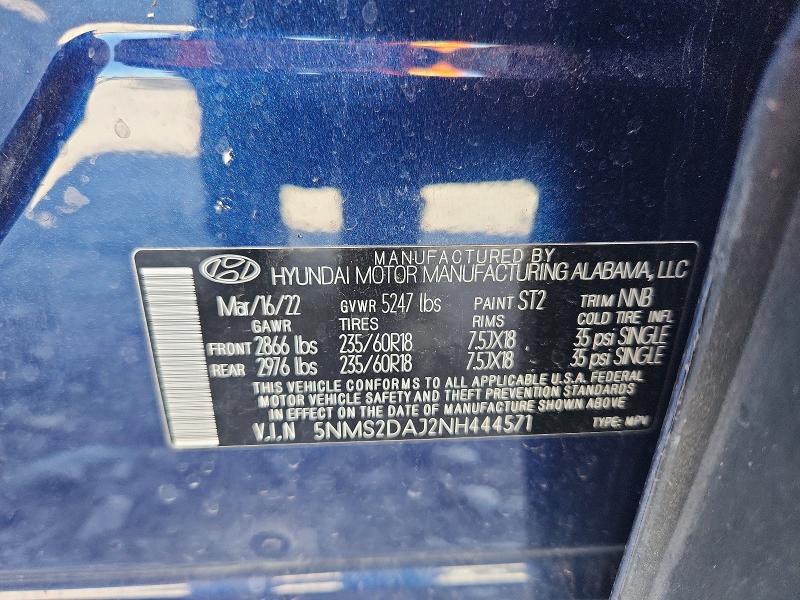 52871556 :رقم المزاد ، 5NMS2DAJ2NH444571 vin ، 2022 Hyundai Santa Fe مزاد بيع