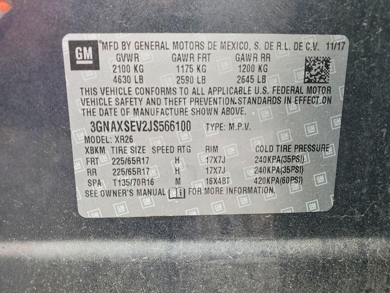 Aukcja sprzedaży 2018 Chevrolet Equinox, vin: 3GNAXSEV2JS566100, numer aukcji: 54482406